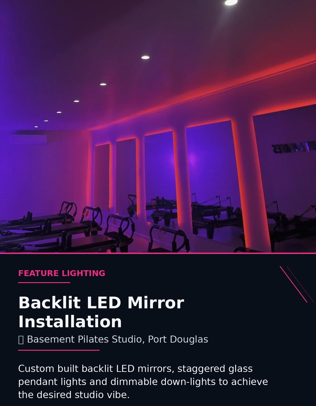 Backlit LED mirror installation at Basement Pilates